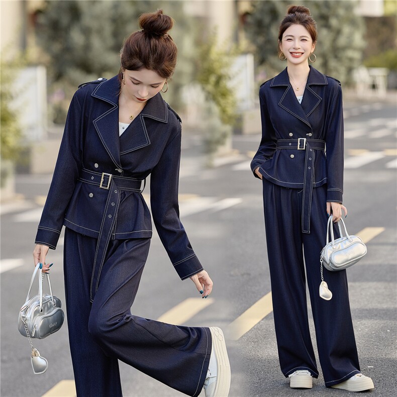 （新款现货）2026春装时尚双排扣肩章天丝牛仔阔腿裤套装(配腰带，女装套装/套裙，印象茜