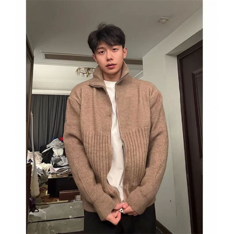 黑灰现货冬季美拉德正肩短款高领双拉链开衫毛衣冬季外套ZZS93P65,男装针织衫/毛衣,电商D256