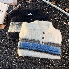 长豹毛刷毛POLO领纽扣条纹毛衣情侣秋冬慵懒针织衫男MY09819-P58，男装针织衫/毛衣，星座308B-2