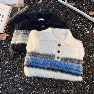 长豹毛刷毛POLO领纽扣条纹毛衣情侣秋冬慵懒针织衫男MY09819-P58图片