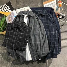 秋季新款宽松衬衫男士韩版潮流格子衬衣外套长袖DF04T，男装衬衫，电商A102