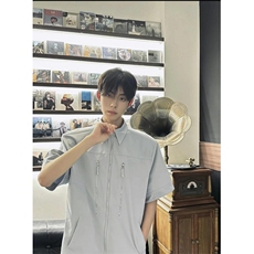 浅蓝色拉链垫肩短袖衬衫男款夏季衬衣cleanfit外套3375-特P38，男装衬衫，星座1007（原301D）
