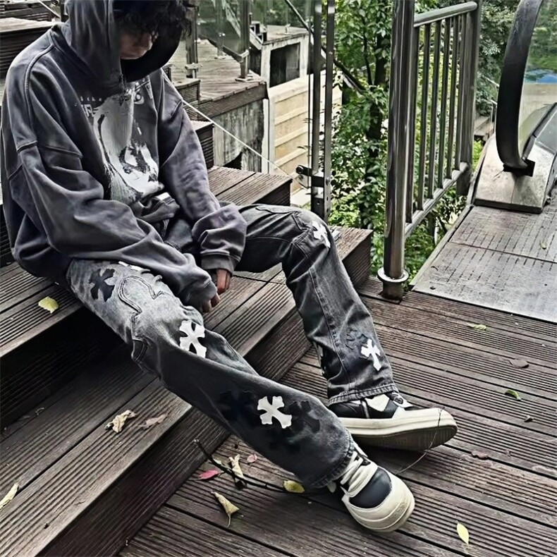 限定黑灰色火焰黑白十字架拼皮情侣款洗水牛仔长裤，男装休闲裤，星座813-2