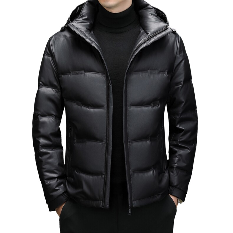 羽绒服男连帽皮夹克爸爸冬装中年皮衣加厚保暖轻薄皮衣外套,男装夹克,钱塘6003（原4033）