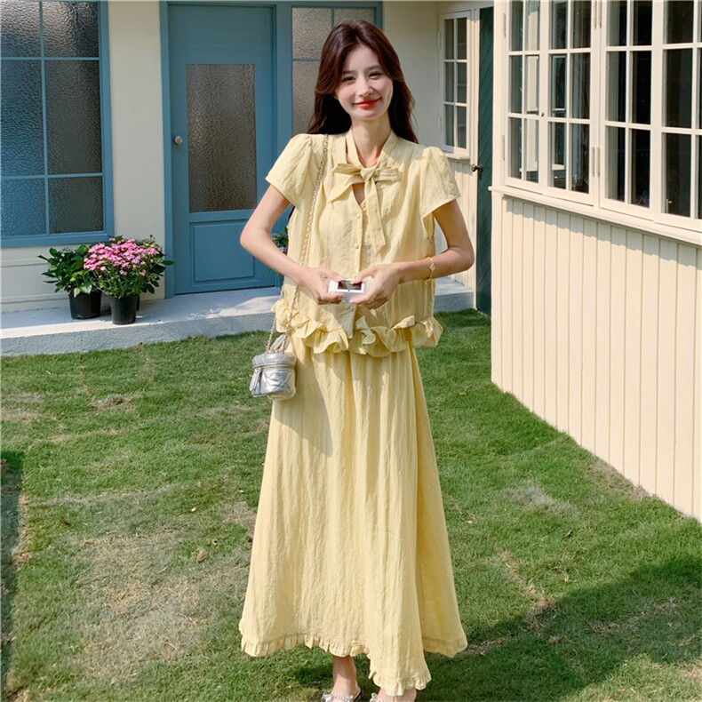 小香风花边黄色衬衫半身裙套装女夏巨好看盐系轻熟两件套ootd穿搭,女装套装/套裙,2C118