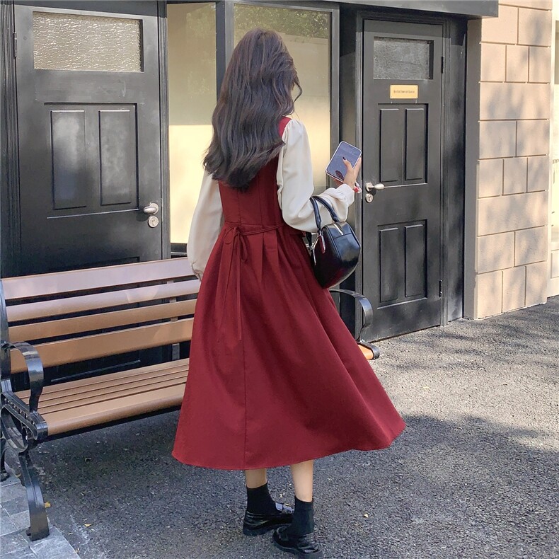 俏皮活泼假两件撞色拼接红色连衣裙女春秋2025新款显瘦巨好看裙子,女装连衣裙,2C098