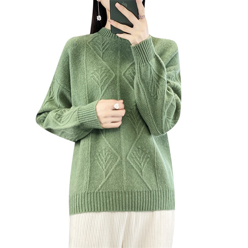 秋冬新款螺纹圆领疙瘩针树叉羊毛衫,女装羊毛衫,狄美羊绒