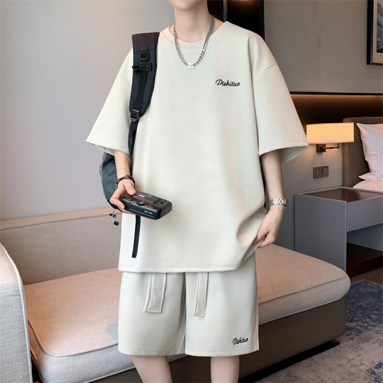 短袖男夏季套装2025新款时尚运动飘带两件套A436-D230-P65,男装休闲套装,电商A436