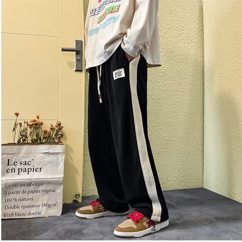 拼接条纹裤子男春秋季美式复古潮流宽松直筒休闲裤高街ins裤子K41,男装休闲裤,星座310B-1