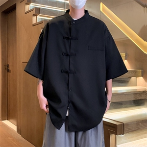 C9068/P35夏季新款立领新中式风格盘扣垂感衬衫男衬衣潮大码上衣图片