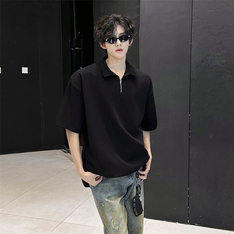 得物抖音二开240克纯棉宽松美式高街痞帅POLO翻领拉链短袖T恤图片