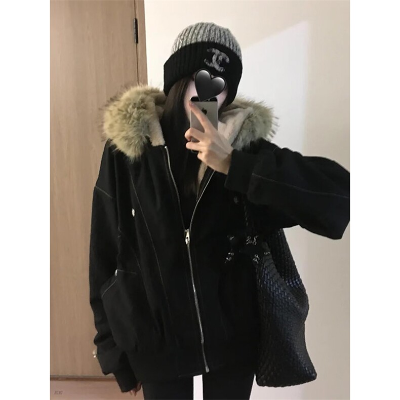 现货重磅boxy短款棉衣座山雕大毛毛领男女棉服水洗工装厚外套,男装棉衣,电商A443
