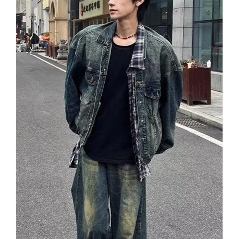 单排扣水洗宽松型青少年高街痞帅牛仔外套男款冬美式 JN307图片