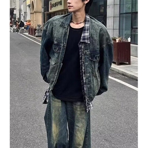 单排扣水洗宽松型青少年高街痞帅牛仔外套男款冬美式 JN307图片