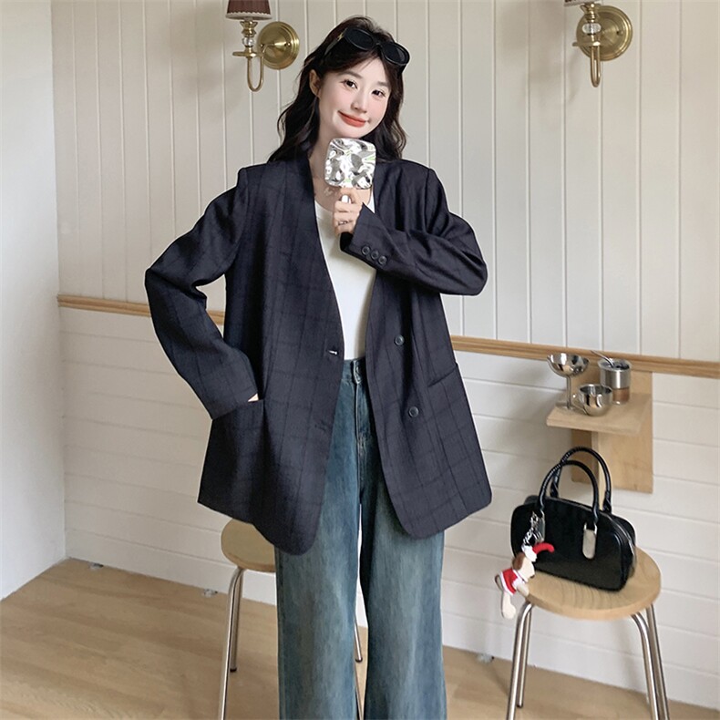 灰色V领格纹西装外套女2025春季新款高级感韩系休闲减龄小西服潮,女装西装,2C217