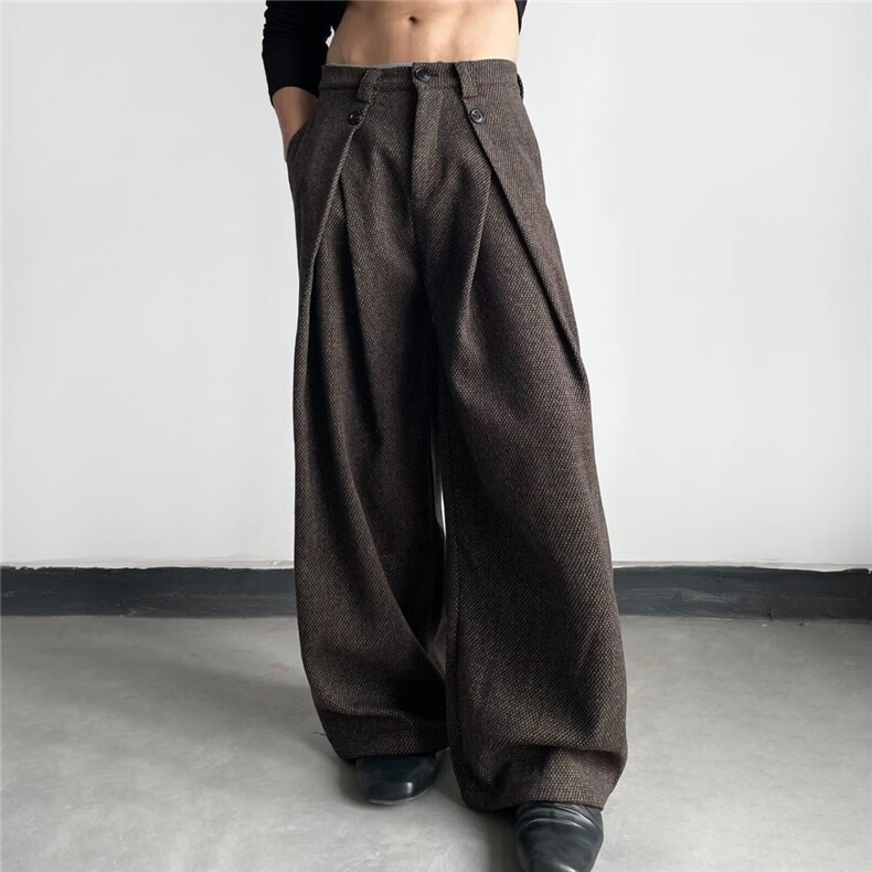 老钱风千鸟格A字打褶西裤男垂感抗皱微喇裤子直筒阔腿裤CAH918，男装西裤，星座516A