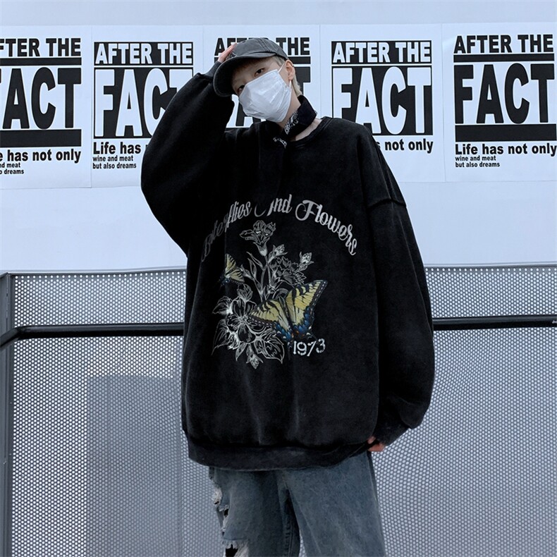 XZ517A-BK5505P60欧美重磅水洗复古圆领卫衣潮流大码男装,男装卫衣,星座517A