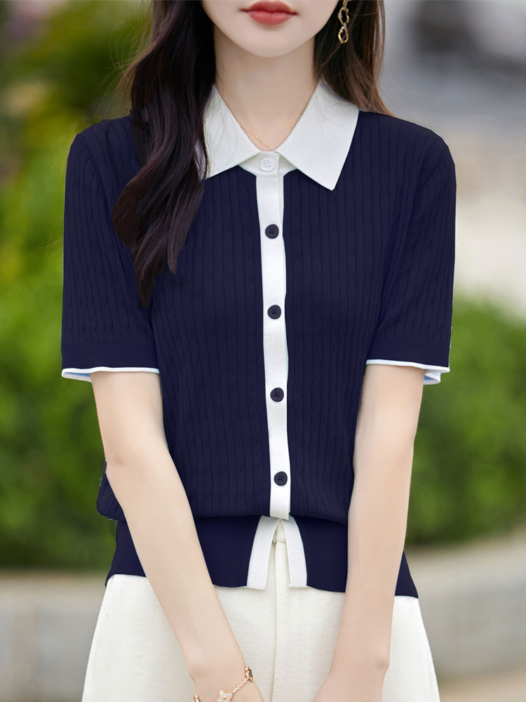 限时优惠柔软拼色短袖针织开衫2025新款POLO领正肩女宽松大码上衣,针织衫/毛衣,暖烁羊绒