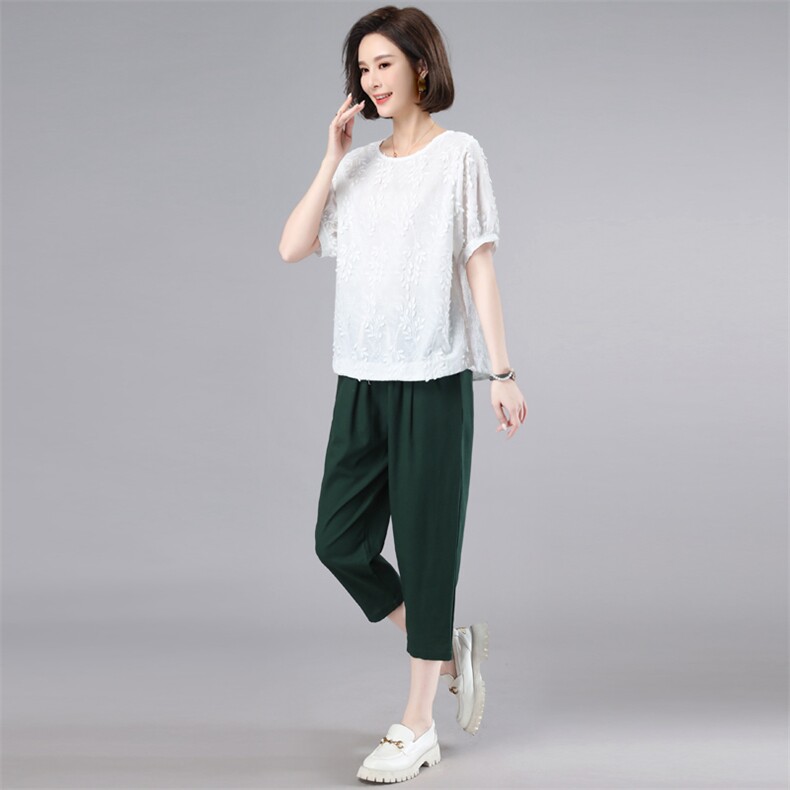 时尚套装女2023夏装新款立体绣红T恤休闲七分裤气质两件套,女装套装/套裙,奕阳依阁