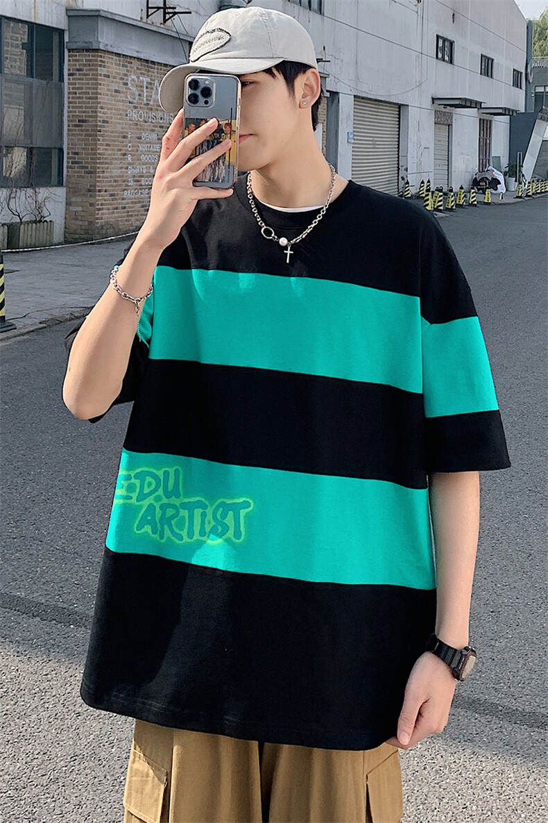 得物抖音40支双纱高品质宽松半袖条纹印花短袖T恤男女T7231-P45,男装T恤,电商A441-1