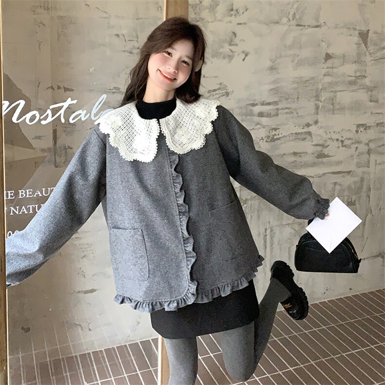 灰色蕾丝娃娃领羽绒服内胆女短款2025冬季新款独特设计感保暖外套图片