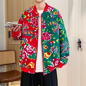 J01男女棒球领夹克外套东北大花汉服开衫左右拼接撞色潮男女图片