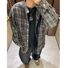 格子衬衫男长袖港风痞帅外套日系复古潮牌工装衬衣513ACS2384P48，男装衬衫，星座513A
