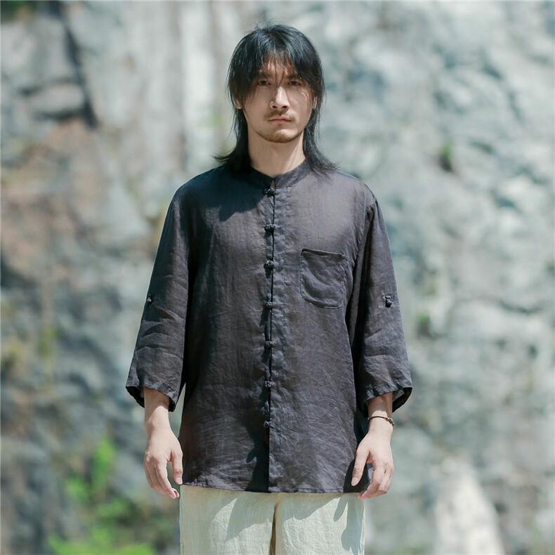 纯苎麻可翻卷七分袖风盘扣薄如蝉翼防蚊防晒衬衫CS01P90，男装防晒衣，星座704A（原B229A）