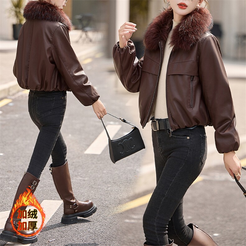 安可拉红加绒加厚短款皮衣外套女款2024冬季新款真毛领皮棉服夹克，女装皮衣，潮流依族