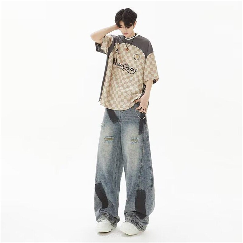 美式复古水洗破洞阔腿牛仔裤女春秋新款设计感宽松L9005/P78，女装牛仔裤，星座506