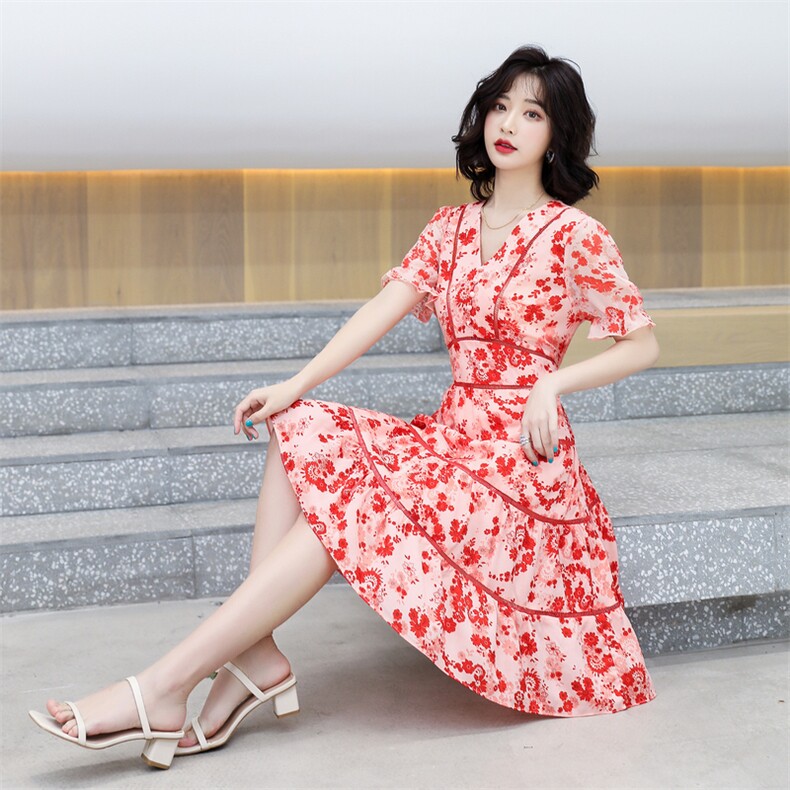 雪纺碎花连衣裙女2023夏仙女印花V领收腰不规则鱼尾裙连衣裙4881,女装连衣裙,韩蔻秀