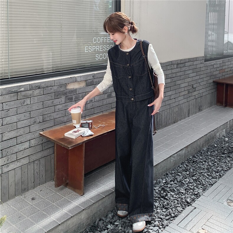秋季牛仔阔腿裤马甲时尚两件套女，女装套装/套裙，浙宝069