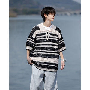 8XL-M 特大码美式复古条纹撞色针织POLO衫翻领休闲短袖TDX311P35图片