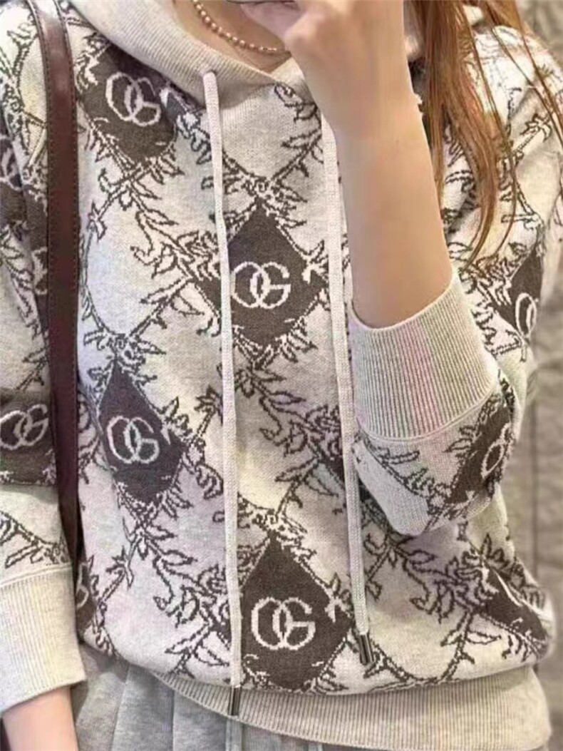 2024秋季新款树叶提花帽衫女时尚百搭宽松上衣,女装羊毛衫,千御纺羊绒