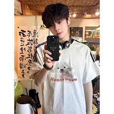 夏季美式高街重磅纯棉三条杠织带撞色男女短袖T恤ZD510-特P30，男装T恤，电商A486