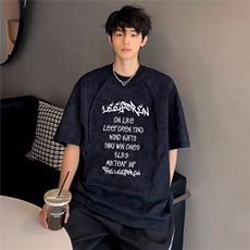 美式复古百搭字母印花高级时尚吊染重磅有型短袖T恤T34-P38，男装T恤，电商C307