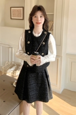 法式小香风黑色马甲短裙套装女2025年春秋季新款高级感显瘦两件套，女装套装/套裙，2C088