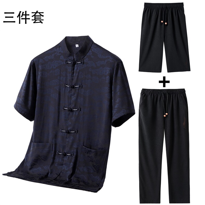 2024新款男士夏仿香云纱唐装中老年短袖衬衫套装风新中式T恤,男装T恤,钱塘723