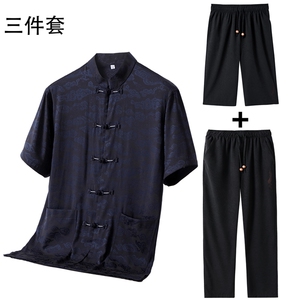 2024新款男士夏仿香云纱唐装中老年短袖衬衫套装风新中式T恤图片