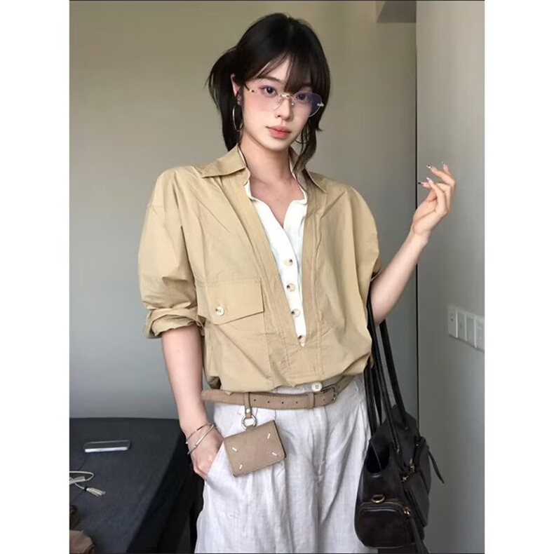 假两件衬衫男高级感痞帅春秋老钱风设计翻领拼接长袖衬衣CSK427,男装衬衫,星座516A