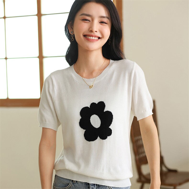 专柜奢侈品牌捡漏女装夏季韩版花朵短袖t恤女显瘦纯棉针织衫上衣,女装T恤,伊绒腾羊绒