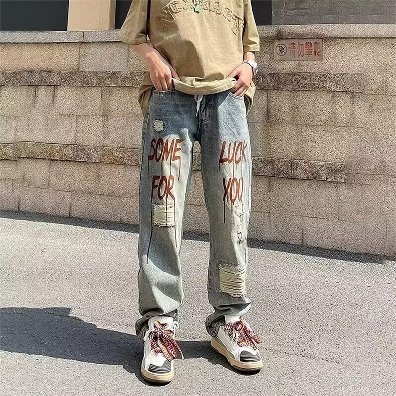美式街头水洗做旧破洞牛仔裤男直筒宽松高街痞帅裤KA81-P43图片