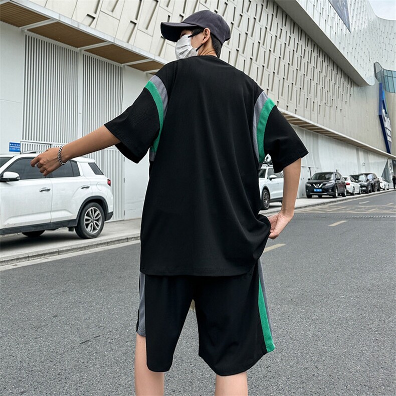 现货主推大码港风情侣拼接冰丝圆领短袖T恤五分裤休闲套装S16P50,男装牛仔裤,电商B226-2（原B217-2）