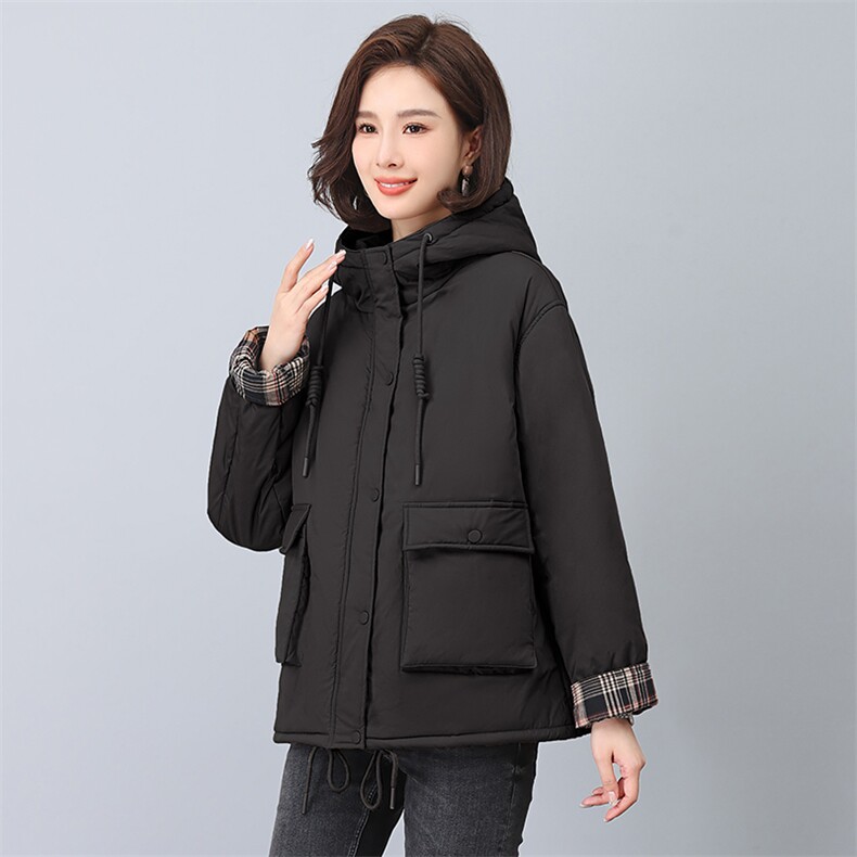 2023冬季拼接连帽时尚休闲夹棉加厚保暖舒适棉服,女装棉衣/棉服,独衣靓
