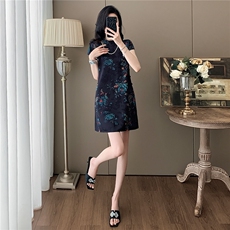 高级感新中式牡丹花旗袍套装女夏新款立领印花上衣阔腿短裤两件套，女装套装/套裙，2C310
