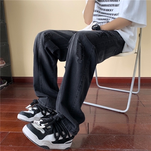 美式vibe高街复古蓝破洞牛仔裤男休闲拖地裤子A166-K001-P50控68图片