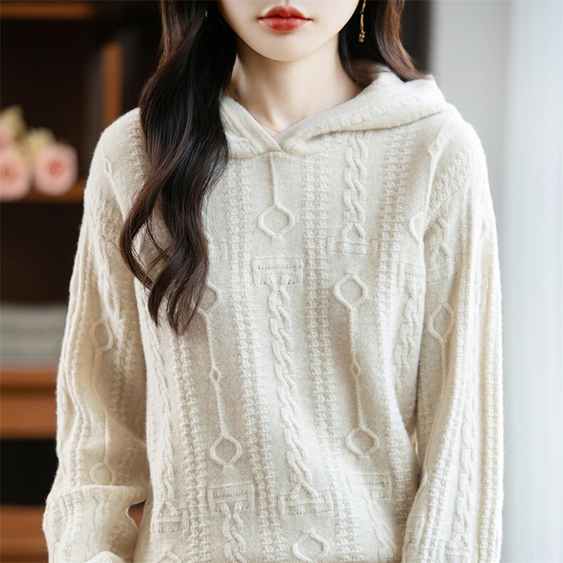 2025年秋季新款双环扭花针织羊毛帽衫时尚休闲通勤百搭，女装羊毛衫，片语羊绒