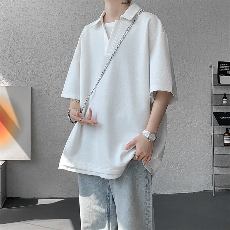8XL-M假两件V领短袖t恤男夏翻领半袖宽松重磅华夫格大码DT001P40,男装T恤,电商B312