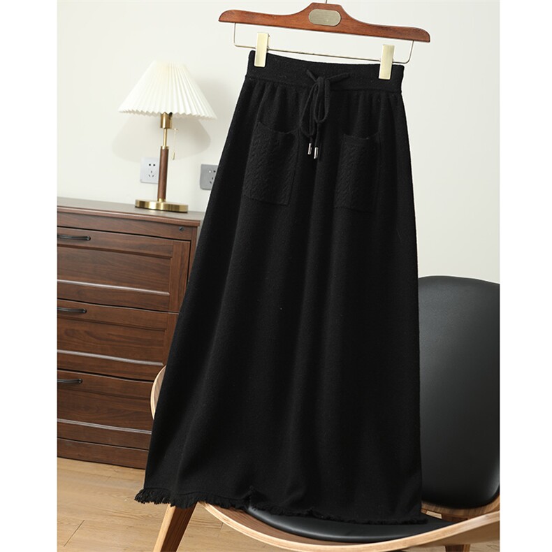 时尚显瘦流苏装饰双口袋半身裙百搭高腰A字裙优雅气质长裙，女装半身裙，江杉羊绒