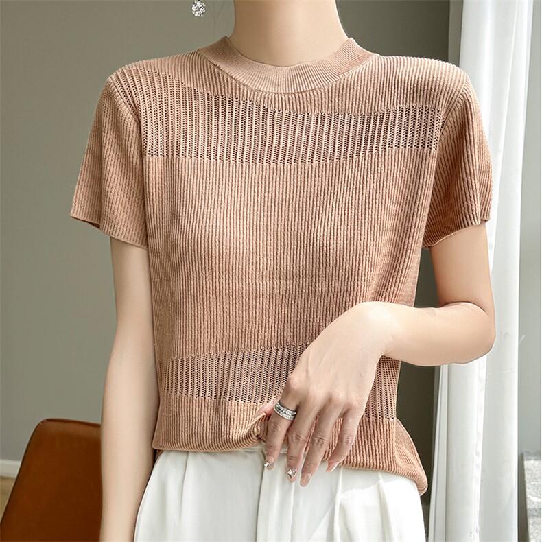 女士2025夏季通勤简约百搭舒适圆领纯色短袖，女装T恤，凯思米羊绒
